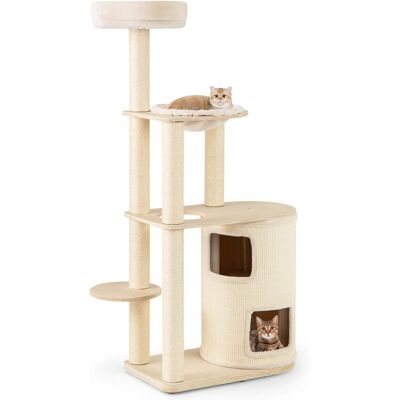 Costway - Wooden Cat Tree 6-Level Cat Scratching Stand with 2-Story Cat Condo Modern Cat Furniture - Natural,White Costway - Wooden Cat Tree 6-Level Cat Scratching Stand with 2-Story Cat Condo Modern Cat Furniture - Natural,White