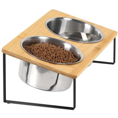 Oumilen - Elevated Bamboo Double Pet Bowls, Raised Stainless Steel Dog Cat Feeder with Anti-Slip Metal Stand - Black Oumilen - Elevated Bamboo Double Pet Bowls, Raised Stainless Steel Dog Cat Feeder with Anti-Slip Metal Stand - Black