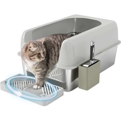 Pawhut - Litter Box, Easy Clean Metal Litter Box with High Sided, Cat Litter Pan with Metal Scoop & Scoop Holder - Light Gray Pawhut - Litter Box, Easy Clean Metal Litter Box with High Sided, Cat Litter Pan with Metal Scoop & Scoop Holder - Light Gray