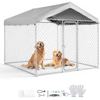 VEVOR - Outdoor Dog Kennel, 7.55 x 7.55 x 7.05 ft Large Dog Kennel with Secure Lock, Outside Dogs Enclosures with UV-Resistant - Galvanized Finish + Silver Gray VEVOR - Outdoor Dog Kennel, 7.55 x 7.55 x 7.05 ft Large Dog Kennel with Secure Lock, Outside Dogs Enclosures with UV-Resistant - Galvanized Finish + Silver Gray
