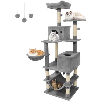 Gymax - 66'' Tall Cat Tree w/2 Condos Sisal Scratching Posts Plush Perch Hammock Basket Light Gray Gymax - 66'' Tall Cat Tree w/2 Condos Sisal Scratching Posts Plush Perch Hammock Basket Light Gray