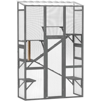 Pawhut - Catio Cat Enclosure, Large Wooden Cat House with 6 Jumping Platforms, Scratching Post, 2 Ramps - Gray Pawhut - Catio Cat Enclosure, Large Wooden Cat House with 6 Jumping Platforms, Scratching Post, 2 Ramps - Gray