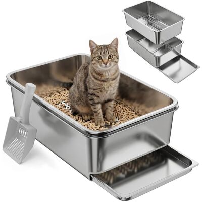 Pawhut - Steel Litter Box, XL Sifting Cat Litter Box for Medium, Large Cat, Non-Sticky, Odour Free - Silver Pawhut - Steel Litter Box, XL Sifting Cat Litter Box for Medium, Large Cat, Non-Sticky, Odour Free - Silver