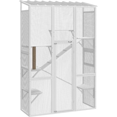 Pawhut - Catio Cat Enclosure, Large Wooden Cat House with 6 Jumping Platforms, Scratching Post, 2 Ramps - White Pawhut - Catio Cat Enclosure, Large Wooden Cat House with 6 Jumping Platforms, Scratching Post, 2 Ramps - White