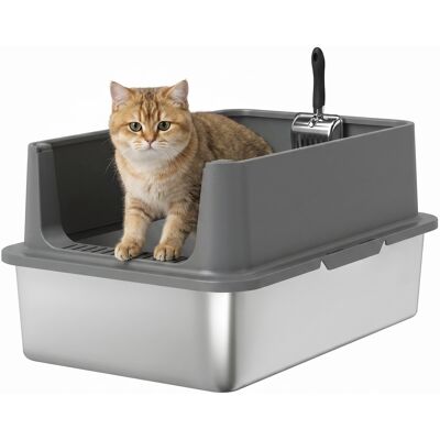 Pawhut - Large Stainless Steel Cat Litter Box with Scoop & Pad, Anti-Urine Leakage - Dark Gray Pawhut - Large Stainless Steel Cat Litter Box with Scoop & Pad, Anti-Urine Leakage - Dark Gray
