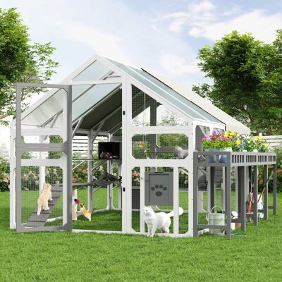 Whisen - Large Outdoor Cat Enclosure,Walk-In Catio with Planter Stand,Platforms,Houses and Bridge - White Whisen - Large Outdoor Cat Enclosure,Walk-In Catio with Planter Stand,Platforms,Houses and Bridge - White