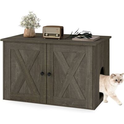 Costway - Hidden Cat Litter Box Enclosure Furniture with Divider for Living Room Hallway - Oak Costway - Hidden Cat Litter Box Enclosure Furniture with Divider for Living Room Hallway - Oak