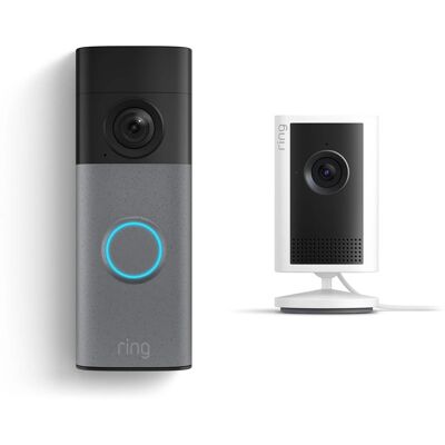 Ring - Battery Doorbell 2K (newest model), Speckled Gray + Indoor Cam Plus - White Ring - Battery Doorbell 2K (newest model), Speckled Gray + Indoor Cam Plus - White