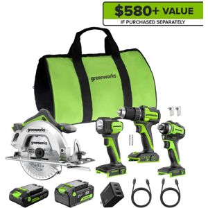 Greenworks - 24V Cordless 4pcs Combo, Drill/Driver+Impact Driver+6.5" Circular Saw+Flashlight - Green Greenworks - 24V Cordless 4pcs Combo, Drill/Driver+Impact Driver+6.5" Circular Saw+Flashlight - Green