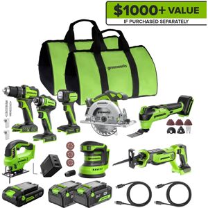Greenworks - 24V 8pcs Combo, Drill+Impact Driver+Circular Saw+Recip Saw+Jig Saw+Sander+Flashlight+Oscillating Tool - Green Greenworks - 24V 8pcs Combo, Drill+Impact Driver+Circular Saw+Recip Saw+Jig Saw+Sander+Flashlight+Oscillating Tool - Green