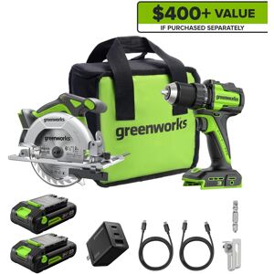 Greenworks - 24V Cordless Brushless 400 in-lbs Drill/Driver + 6.5" Circular Saw, with (2) 2.0Ah Batteries and Charger - Green Greenworks - 24V Cordless Brushless 400 in-lbs Drill/Driver + 6.5" Circular Saw, with (2) 2.0Ah Batteries and Charger - Green