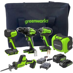 Greenworks - 24V 5 Tool Combo Kit - Drill, Impact Driver, Recip Saw, Light, Bluetooth Speaker, 2Ah + 4Ah Batteries, & Charger - Green Greenworks - 24V 5 Tool Combo Kit - Drill, Impact Driver, Recip Saw, Light, Bluetooth Speaker, 2Ah + 4Ah Batteries, & Charger - Green