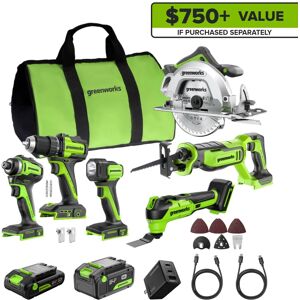 Greenworks - 24V 6pcs Combo, Drill+Impact Driver+Circular Saw+Recip Saw+Oscillating Tool+Flashlight - Green Greenworks - 24V 6pcs Combo, Drill+Impact Driver+Circular Saw+Recip Saw+Oscillating Tool+Flashlight - Green