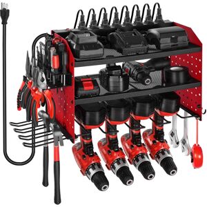 VEVOR - Power Tool Organizer with Charging Station, 3-Layer Drill Storage Rack with 4 Drill Holders & Side Pegboard, Garage Tool - Red VEVOR - Power Tool Organizer with Charging Station, 3-Layer Drill Storage Rack with 4 Drill Holders & Side Pegboard, Garage Tool - Red