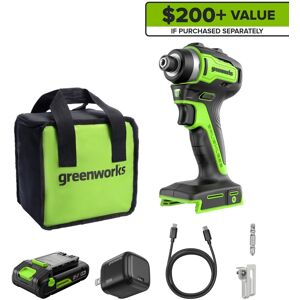 Greenworks - 24V Cordless Brushless 1950 in-lbs Impact Driver, with 2.0Ah USB-C Battery and Charger - Green Greenworks - 24V Cordless Brushless 1950 in-lbs Impact Driver, with 2.0Ah USB-C Battery and Charger - Green