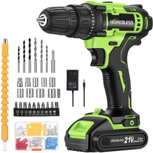 Unique Bargains - WORKBLESS 21V Cordless Drill Set, Battery & Charger, 3/8" Chuck, Variable Speed, 18+1 Torque, 28pcs Bits - Green Unique Bargains - WORKBLESS 21V Cordless Drill Set, Battery & Charger, 3/8" Chuck, Variable Speed, 18+1 Torque, 28pcs Bits - Green