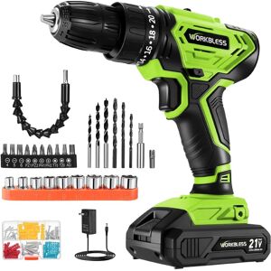 Unique Bargains - WORKBLESS Cordless Drill Set, 1 Battery & Charger, 40Nm, 20+1 Torque, 2 Speed, 3/8" Chuck, LED Light, 28pcs Bits - Green Unique Bargains - WORKBLESS Cordless Drill Set, 1 Battery & Charger, 40Nm, 20+1 Torque, 2 Speed, 3/8" Chuck, LED Light, 28pcs Bits - Green