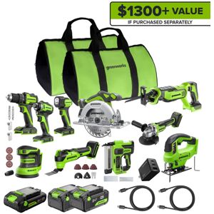 Greenworks - 24V 10pcs Combo, Drill+Impact Driver+Circular Saw+Recip Saw+Jig Saw+Sander+Light+Multi-Tool+Nailer+Grinder - Green Greenworks - 24V 10pcs Combo, Drill+Impact Driver+Circular Saw+Recip Saw+Jig Saw+Sander+Light+Multi-Tool+Nailer+Grinder - Green