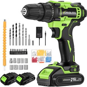 Unique Bargains - WORKBLESS 21V Cordless Drill Set, 2 Batteries & Charger, 3/8" Chuck, Variable Speed, 18+1 Torque, 28pcs Bits - Green Unique Bargains - WORKBLESS 21V Cordless Drill Set, 2 Batteries & Charger, 3/8" Chuck, Variable Speed, 18+1 Torque, 28pcs Bits - Green