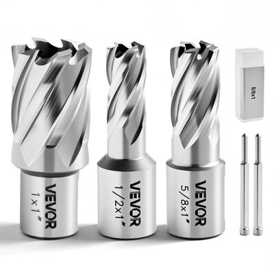 VEVOR - Annular Cutter Set, 5 pcs Weldon Shank Mag Drill Bits Kit, 1" Cutting Depth, 1/2", 5/8", 1" Cutting Diameter, HSS - Silver VEVOR - Annular Cutter Set, 5 pcs Weldon Shank Mag Drill Bits Kit, 1" Cutting Depth, 1/2", 5/8", 1" Cutting Diameter, HSS - Silver