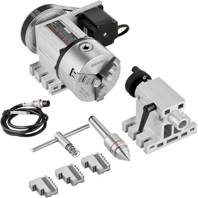 VEVOR - Dividing Head, K11-100mm 3-Jaw Chuck, CNC Router Milling Machine Rotational Axis 4th Axis A Axis Indexing Head - Silver VEVOR - Dividing Head, K11-100mm 3-Jaw Chuck, CNC Router Milling Machine Rotational Axis 4th Axis A Axis Indexing Head - Silver