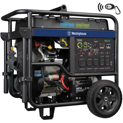 Westinghouse - 18,000/14,500-Watt Dual Fuel Gas and Propane Portable Generator with Remote Electric Start, Low THD, and 50 Amp Outlet - Blue Westinghouse - 18,000/14,500-Watt Dual Fuel Gas and Propane Portable Generator with Remote Electric Start, Low THD, and 50 Amp Outlet - Blue