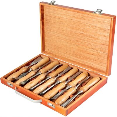 VEVOR - 12-Piece Wood Lathe Chisel Set, 3.75" Blade, Woodworking & Carving Tools with Wooden Case for Furniture & Root Crafting - Original steel color + Wooden color VEVOR - 12-Piece Wood Lathe Chisel Set, 3.75" Blade, Woodworking & Carving Tools with Wooden Case for Furniture & Root Crafting - Original steel color + Wooden color