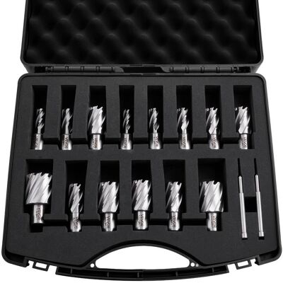 VEVOR - Annular Cutter Set, 16 pcs Weldon Shank Mag Drill Bits Kit, 1" Cutting Depth, 7/16" to 1-3/8" Cutting Diameter, HSS - Silver + Black VEVOR - Annular Cutter Set, 16 pcs Weldon Shank Mag Drill Bits Kit, 1" Cutting Depth, 7/16" to 1-3/8" Cutting Diameter, HSS - Silver + Black