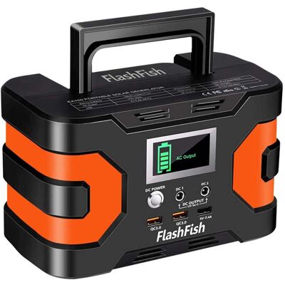 FLASHFISH - EA150 Portable Power Station 166Wh 150W, 45000mAh Solar Generator with 2 AC Outlets, QC USB Ports, Wave Backup Battery (40000 Wh Capacity) - Black/Orange FLASHFISH - EA150 Portable Power Station 166Wh 150W, 45000mAh Solar Generator with 2 AC Outlets, QC USB Ports, Wave Backup Battery (40000 Wh Capacity) - Black/Orange