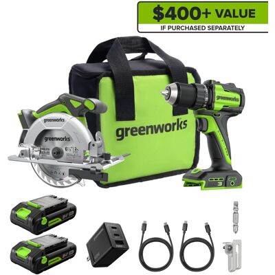 Greenworks - 24V Cordless Brushless 400 in-lbs Drill/Driver + 6.5" Circular Saw, with (2) 2.0Ah Batteries and Charger - Green Greenworks - 24V Cordless Brushless 400 in-lbs Drill/Driver + 6.5" Circular Saw, with (2) 2.0Ah Batteries and Charger - Green
