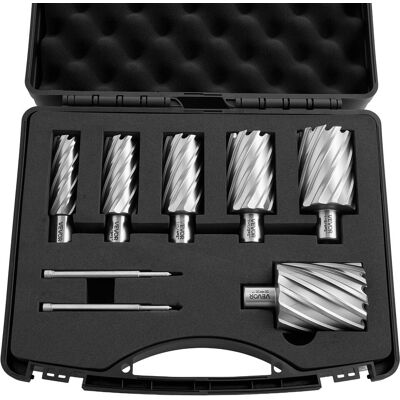 VEVOR - Annular Cutter Set, 8 pcs Weldon Shank Mag Drill Bits Kit, 2" Cutting Depth, 7/8" to 2" Cutting Diameter, HSS - Silver + Black VEVOR - Annular Cutter Set, 8 pcs Weldon Shank Mag Drill Bits Kit, 2" Cutting Depth, 7/8" to 2" Cutting Diameter, HSS - Silver + Black