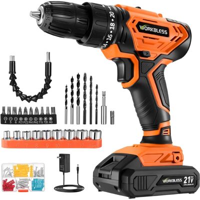 Unique Bargains - WORKBLESS Cordless Drill Set, 1 Battery & Charger, 40Nm, 20+1 Torque, 2 Speed, 3/8" Chuck, LED Light, 28pcs Bits - Orange Unique Bargains - WORKBLESS Cordless Drill Set, 1 Battery & Charger, 40Nm, 20+1 Torque, 2 Speed, 3/8" Chuck, LED Light, 28pcs Bits - Orange