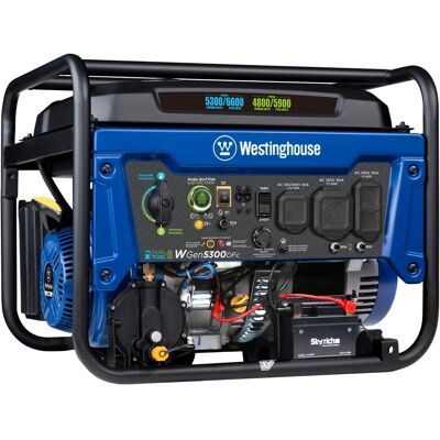 Westinghouse - 6,600/5,300-Watt Dual Fuel Gas and Propane Powered Portable Generator with Remote Electric Start, 30A 120/240V Outlet - Blue Westinghouse - 6,600/5,300-Watt Dual Fuel Gas and Propane Powered Portable Generator with Remote Electric Start, 30A 120/240V Outlet - Blue