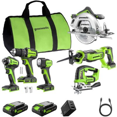 Greenworks - 24V Brushless 6pcs Power Tool Combo Kit, with (2) 2Ah USB-C Batteries and Charger - Green Greenworks - 24V Brushless 6pcs Power Tool Combo Kit, with (2) 2Ah USB-C Batteries and Charger - Green