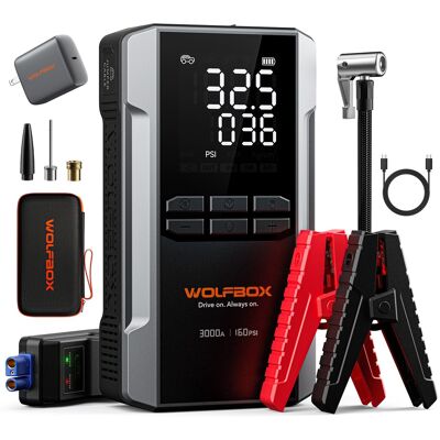 WOLFBOX - 3000A Automotive Jump Starter with 160 PSI Portable Air Compressor, 12V Battery Pack for 8L Gas & 6L Diesel Engines WOLFBOX - 3000A Automotive Jump Starter with 160 PSI Portable Air Compressor, 12V Battery Pack for 8L Gas & 6L Diesel Engines