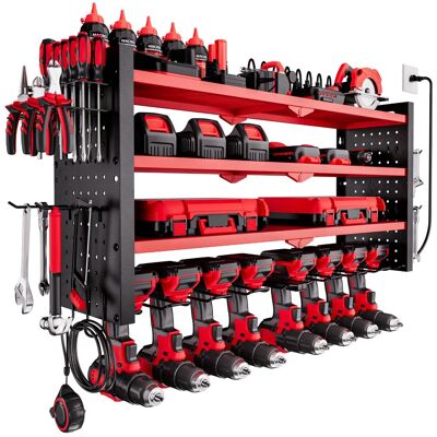 VEVOR - Power Tool Organizer with Charging Station, 4-Layer Drill Storage Rack with 8 Drill Holders & Side Pegboard, Garage Tool - Red VEVOR - Power Tool Organizer with Charging Station, 4-Layer Drill Storage Rack with 8 Drill Holders & Side Pegboard, Garage Tool - Red