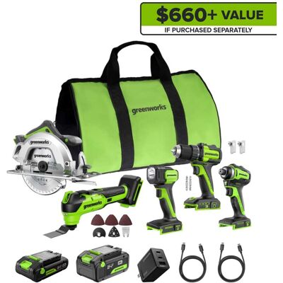 Greenworks - 24V 5pcs Combo, Drill/Driver+Impact Driver+Circular Saw+Oscillating Tool+Flashlight - Green Greenworks - 24V 5pcs Combo, Drill/Driver+Impact Driver+Circular Saw+Oscillating Tool+Flashlight - Green