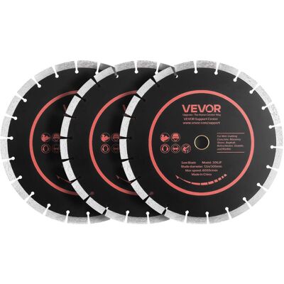VEVOR - Diamond Blades 12 inch, 3-Pack Concrete Saw Blade Set, 1 in Arbor, High-Hardness Diamond Segments, 65Mn Steel Core - Black + Orange VEVOR - Diamond Blades 12 inch, 3-Pack Concrete Saw Blade Set, 1 in Arbor, High-Hardness Diamond Segments, 65Mn Steel Core - Black + Orange