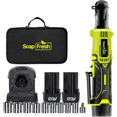 SnapFresh - 12V Cordless Electric Ratchet Wrench Kit – 55 ft-lbs Max Torque, 3/8" Drive, 2×2.0Ah Batteries & Fast Charger - Green SnapFresh - 12V Cordless Electric Ratchet Wrench Kit – 55 ft-lbs Max Torque, 3/8" Drive, 2×2.0Ah Batteries & Fast Charger - Green