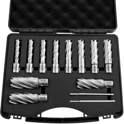 VEVOR - Annular Cutter Set, 13 pcs Universal Shank Mag Drill Bits Kit, 2" Cutting Depth, 7/16" to 1-1/16" Cutting Diameter, HSS - Silver + Black VEVOR - Annular Cutter Set, 13 pcs Universal Shank Mag Drill Bits Kit, 2" Cutting Depth, 7/16" to 1-1/16" Cutting Diameter, HSS - Silver + Black