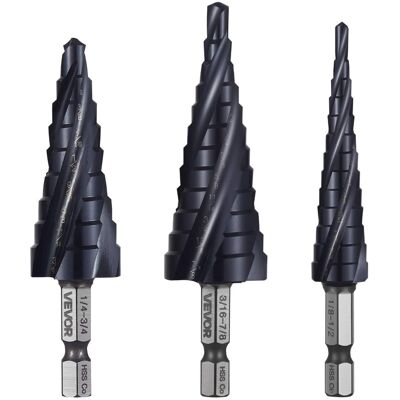 VEVOR - Step Drill Bit Set,1/8 - 7/8 inch,3 Pieces Step Drill Bits,1/4 inch Hex Shank,TiAlN Coating Cobalt HSS High Speed Steel - Black VEVOR - Step Drill Bit Set,1/8 - 7/8 inch,3 Pieces Step Drill Bits,1/4 inch Hex Shank,TiAlN Coating Cobalt HSS High Speed Steel - Black