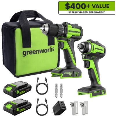 Greenworks - 24V Cordless Brushless Drill/Driver+Impact Driver Combo, with 2.0Ah Batteries and Charger - Green Greenworks - 24V Cordless Brushless Drill/Driver+Impact Driver Combo, with 2.0Ah Batteries and Charger - Green