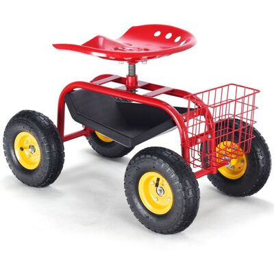 Costway - Rolling Tray Gardening Planting with Work Seat Garden Cart - Red Costway - Rolling Tray Gardening Planting with Work Seat Garden Cart - Red