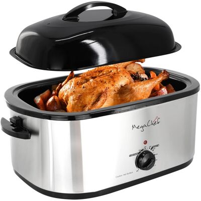 MegaChef - 22 Quart Electric Roaster Oven with High Dome Self-Basting Lid - Silver MegaChef - 22 Quart Electric Roaster Oven with High Dome Self-Basting Lid - Silver