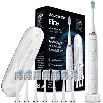AquaSonic - Elite Rechargeable Electric Toothbrush Set - ADA Accepted, 5 Modes, Travel Case, 8 Brush Heads - White AquaSonic - Elite Rechargeable Electric Toothbrush Set - ADA Accepted, 5 Modes, Travel Case, 8 Brush Heads - White