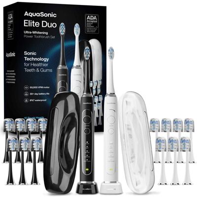 AquaSonic - Elite Duo Rechargeable Electric Toothbrush Set – ADA Accepted, 5 Modes, 2 Travel Cases, 16 Brush Heads - White/Black AquaSonic - Elite Duo Rechargeable Electric Toothbrush Set – ADA Accepted, 5 Modes, 2 Travel Cases, 16 Brush Heads - White/Black
