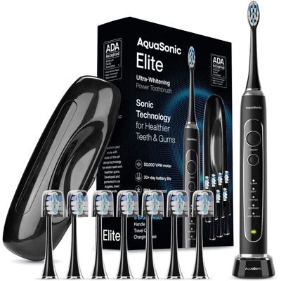 AquaSonic - Elite Rechargeable Electric Toothbrush Set - ADA Accepted, 5 Modes, Travel Case, 8 Brush Heads - Black AquaSonic - Elite Rechargeable Electric Toothbrush Set - ADA Accepted, 5 Modes, Travel Case, 8 Brush Heads - Black