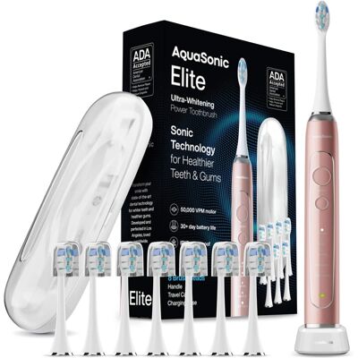 AquaSonic - Elite Rechargeable Electric Toothbrush Set - ADA Accepted, 5 Modes, Travel Case, 8 Brush Heads - Rose Gold AquaSonic - Elite Rechargeable Electric Toothbrush Set - ADA Accepted, 5 Modes, Travel Case, 8 Brush Heads - Rose Gold