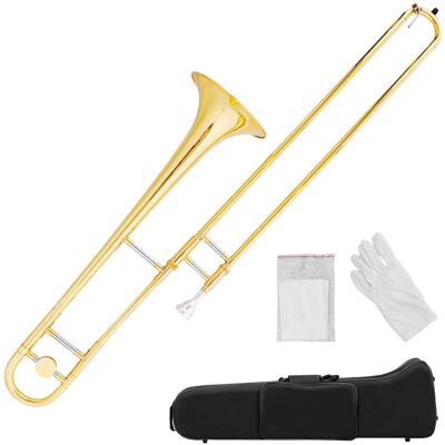 Costway - B Flat Trombone Brass with Mouthpiece Case Gloves for Beginners Students - Gold Costway - B Flat Trombone Brass with Mouthpiece Case Gloves for Beginners Students - Gold