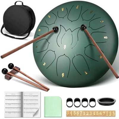 CAHAYA - Steel Tongue Drum 12-Inch: 13 Notes Steel Percussion Hand Drum Green CY00374-1 CAHAYA - Steel Tongue Drum 12-Inch: 13 Notes Steel Percussion Hand Drum Green CY00374-1